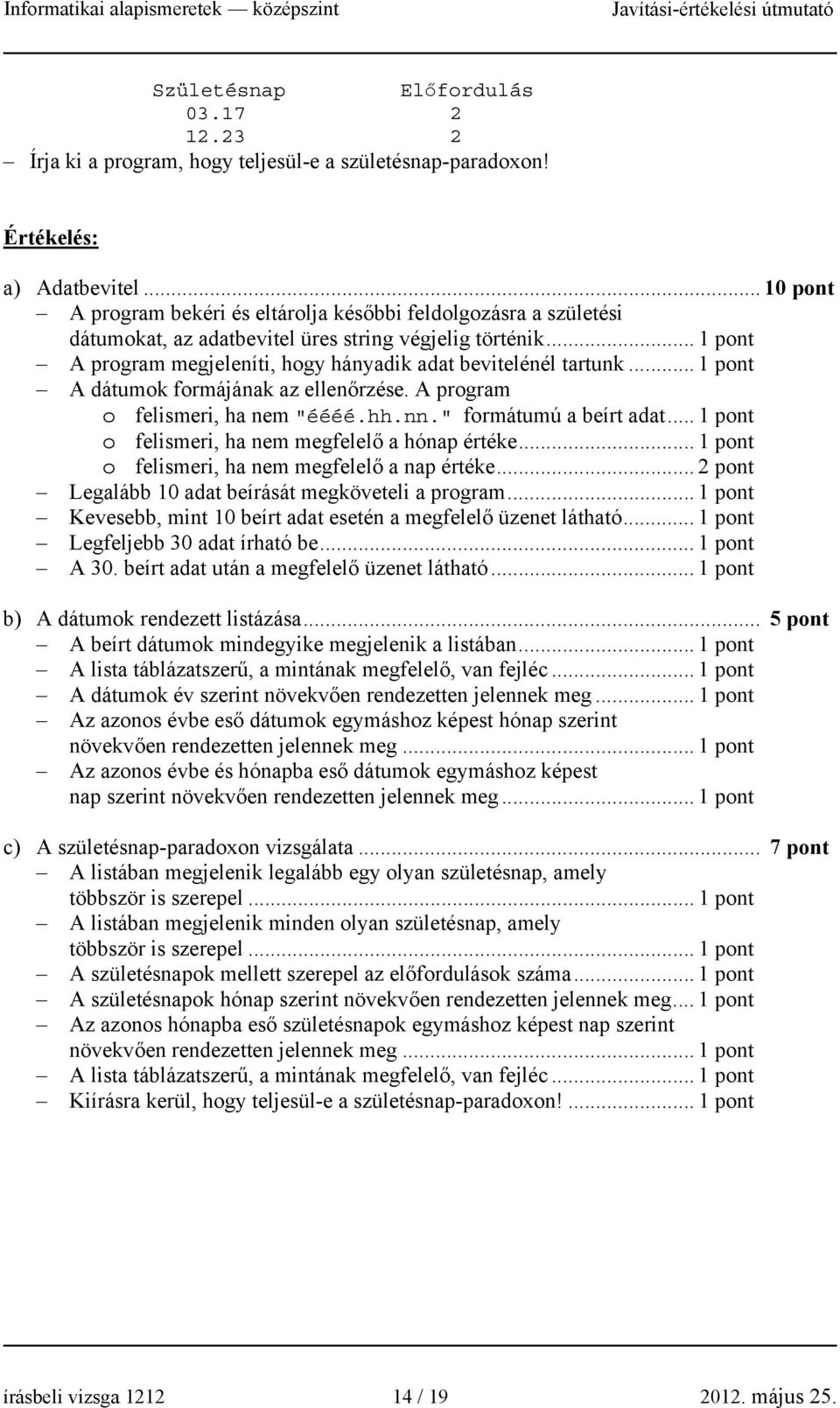 .. 1 pont A program megjeleníti, hogy hányadik adat bevitelénél tartunk... 1 pont A dátumok formájának az ellenőrzése. A program o felismeri, ha nem "éééé.hh.nn." formátumú a beírt adat.