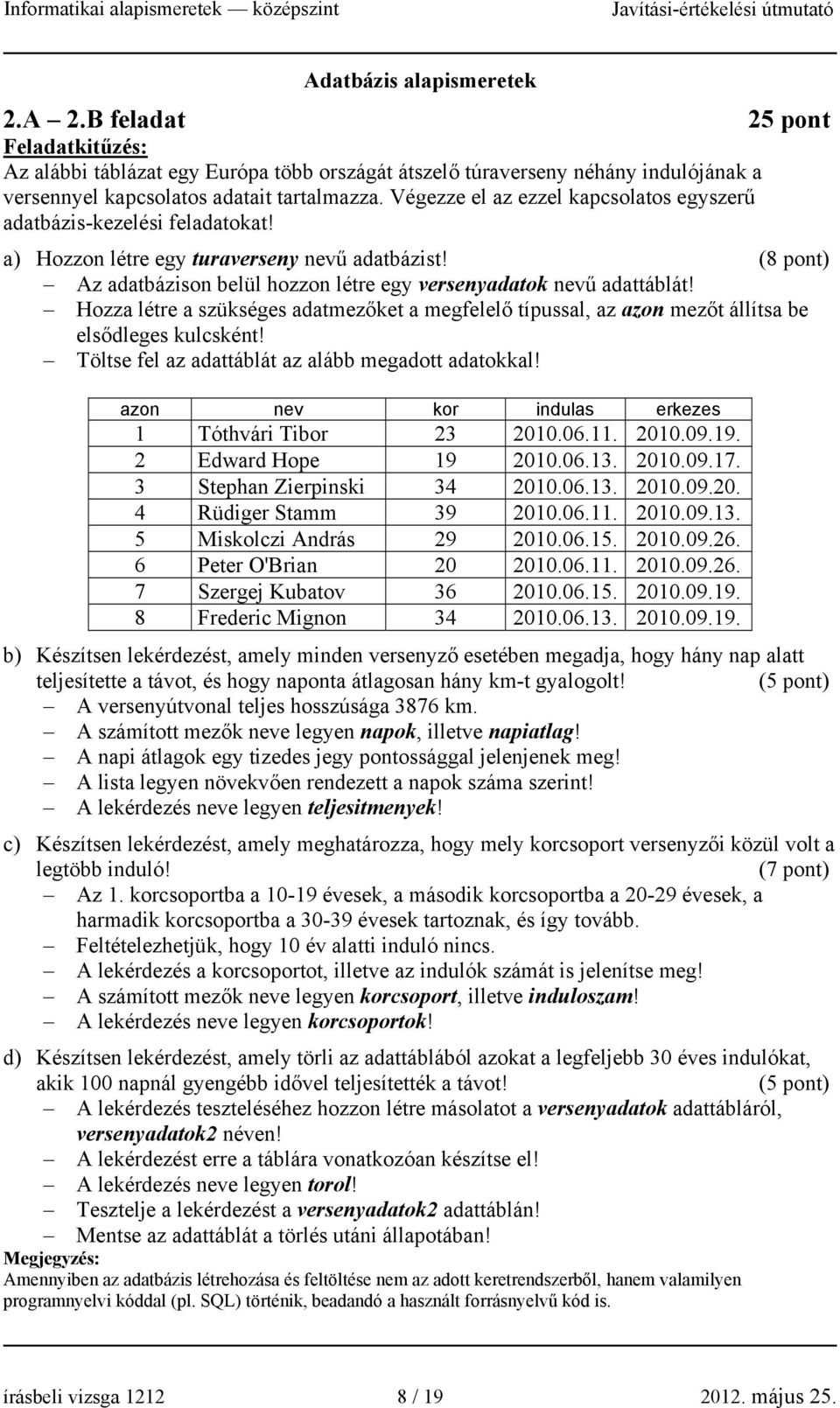 Hozza létre a szükséges adatmezőket a megfelelő típussal, az azon mezőt állítsa be elsődleges kulcsként! Töltse fel az adattáblát az alább megadott adatokkal!