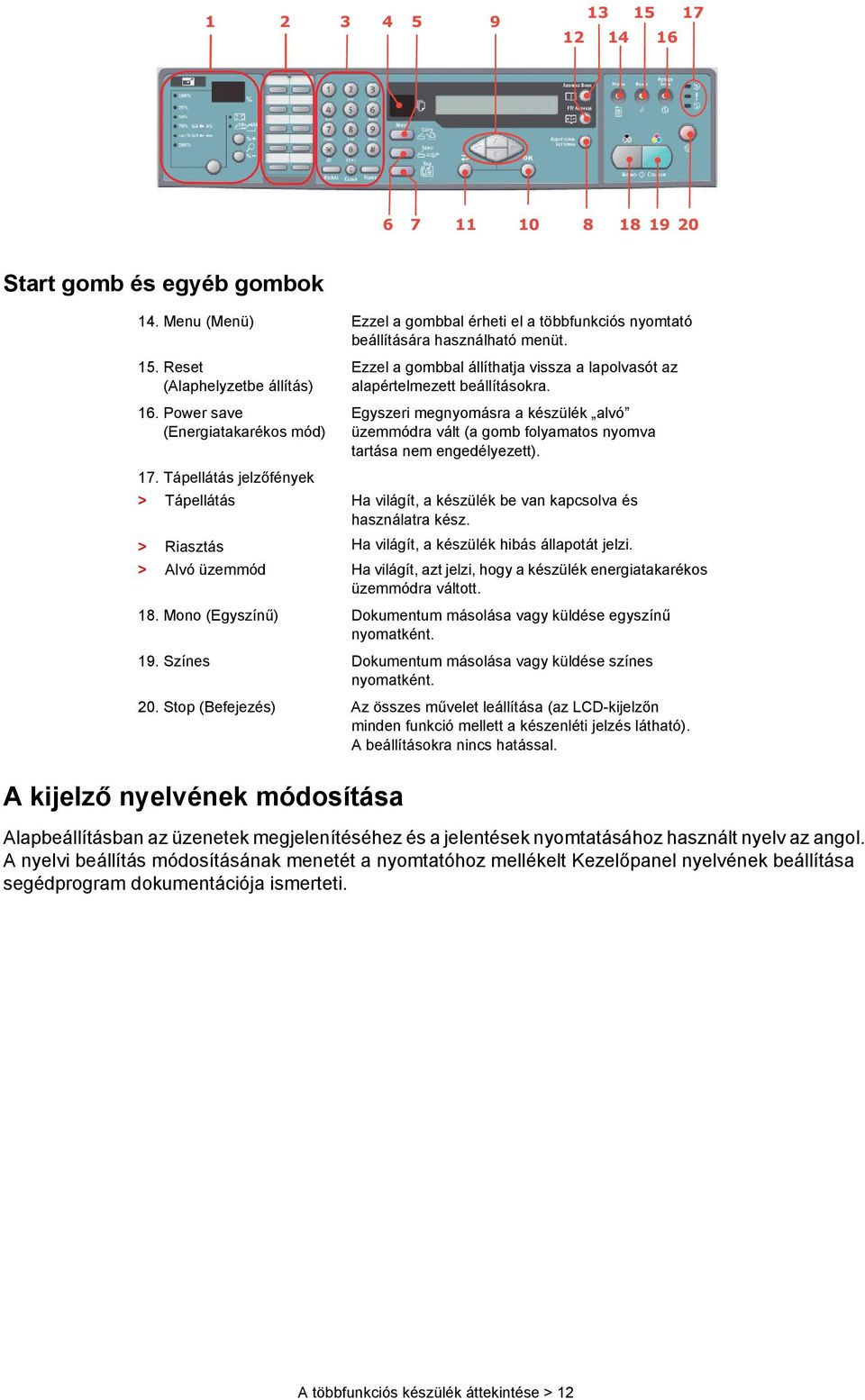 Tápellátás jelzőfények > Tápellátás > Riasztás > Alvó üzemmód A kijelző nyelvének módosítása Ezzel a gombbal állíthatja vissza a lapolvasót az alapértelmezett beállításokra.