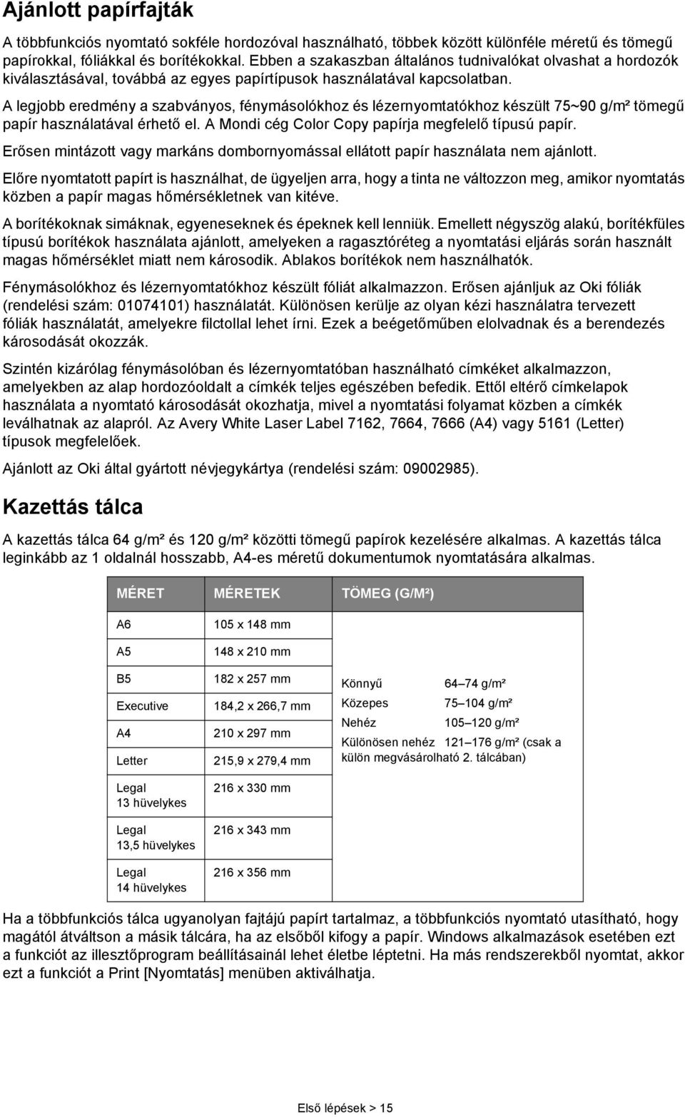 A legjobb eredmény a szabványos, fénymásolókhoz és lézernyomtatókhoz készült 75~90 g/m² tömegű papír használatával érhető el. A Mondi cég Color Copy papírja megfelelő típusú papír.