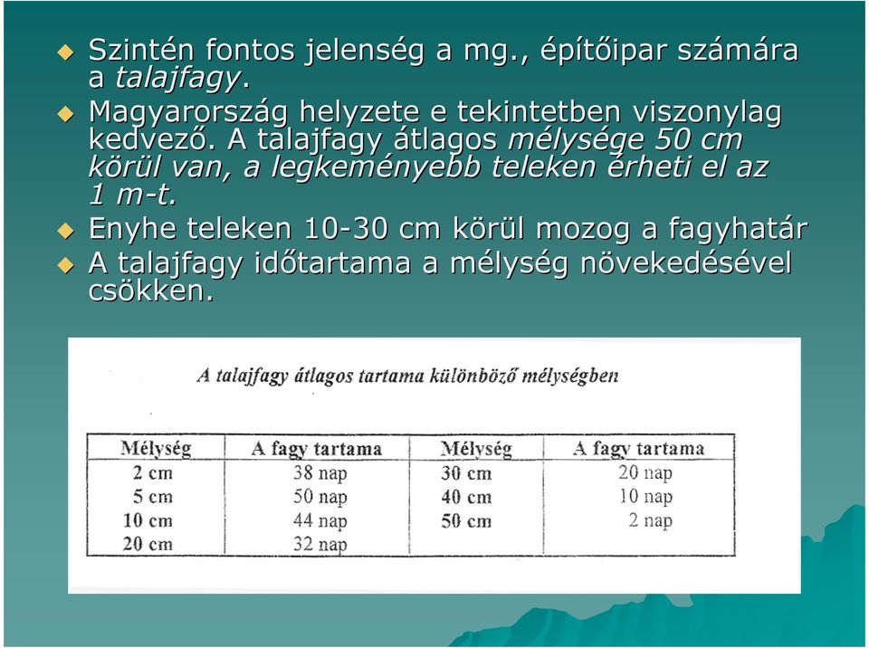 A talajfagy átlagos mélysége 50 cm körül van, a legkeményebb teleken érheti