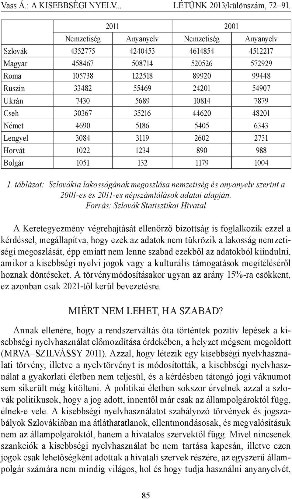 táblázat: Szlovákia lakosságának megoszlása nemzetiség és anyanyelv szerint a 2001-es és 2011-es népszámlálások adatai alapján.