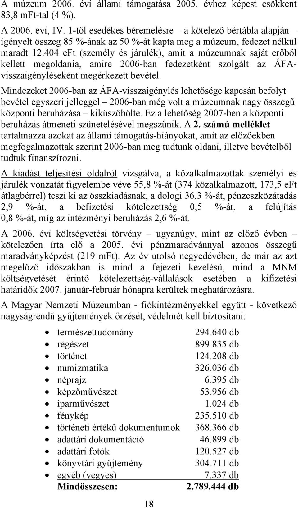 404 eft (személy és járulék), amit a múzeumnak saját erőből kellett megoldania, amire 2006-ban fedezetként szolgált az ÁFAvisszaigényléseként megérkezett bevétel.