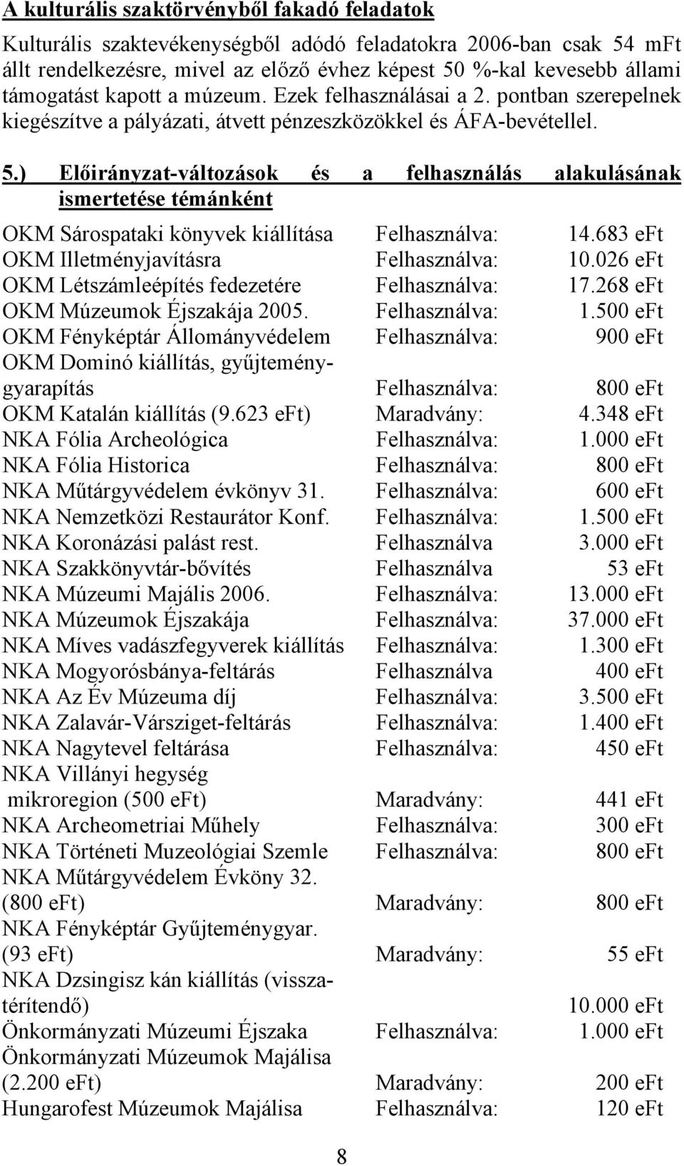 ) Előirányzat-változások és a felhasználás alakulásának ismertetése témánként OKM Sárospataki könyvek kiállítása Felhasználva: 14.683 eft OKM Illetményjavításra Felhasználva: 10.