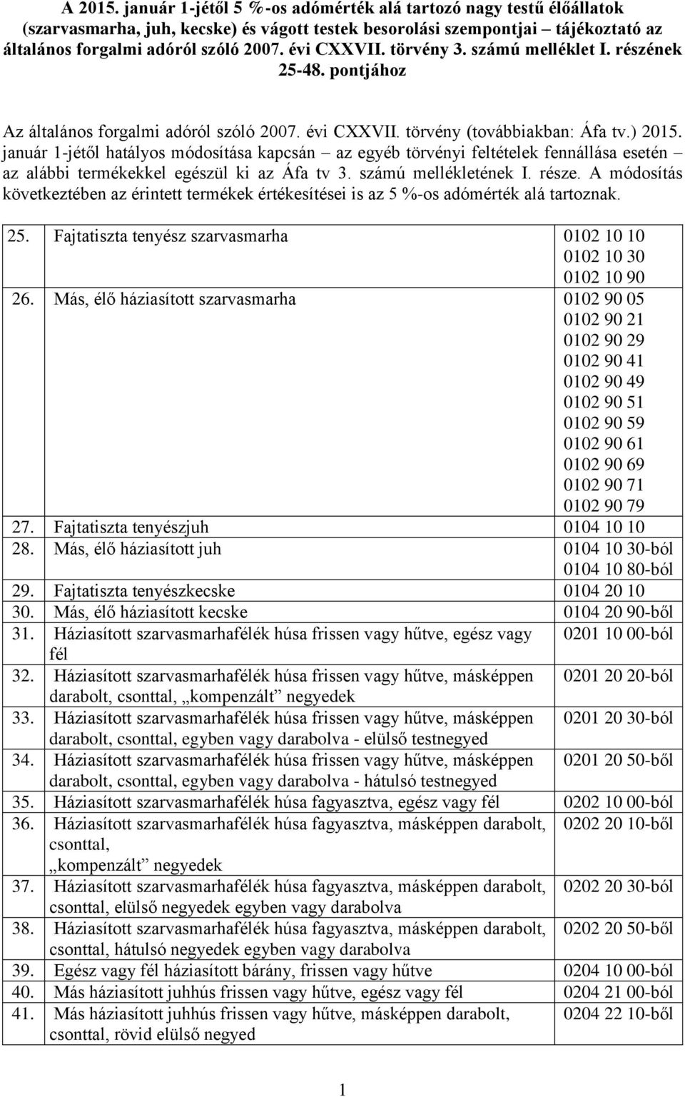 január 1-jétől hatályos módosítása kapcsán az egyéb törvényi feltételek fennállása esetén az alábbi termékekkel egészül ki az Áfa tv 3. számú mellékletének I. része.