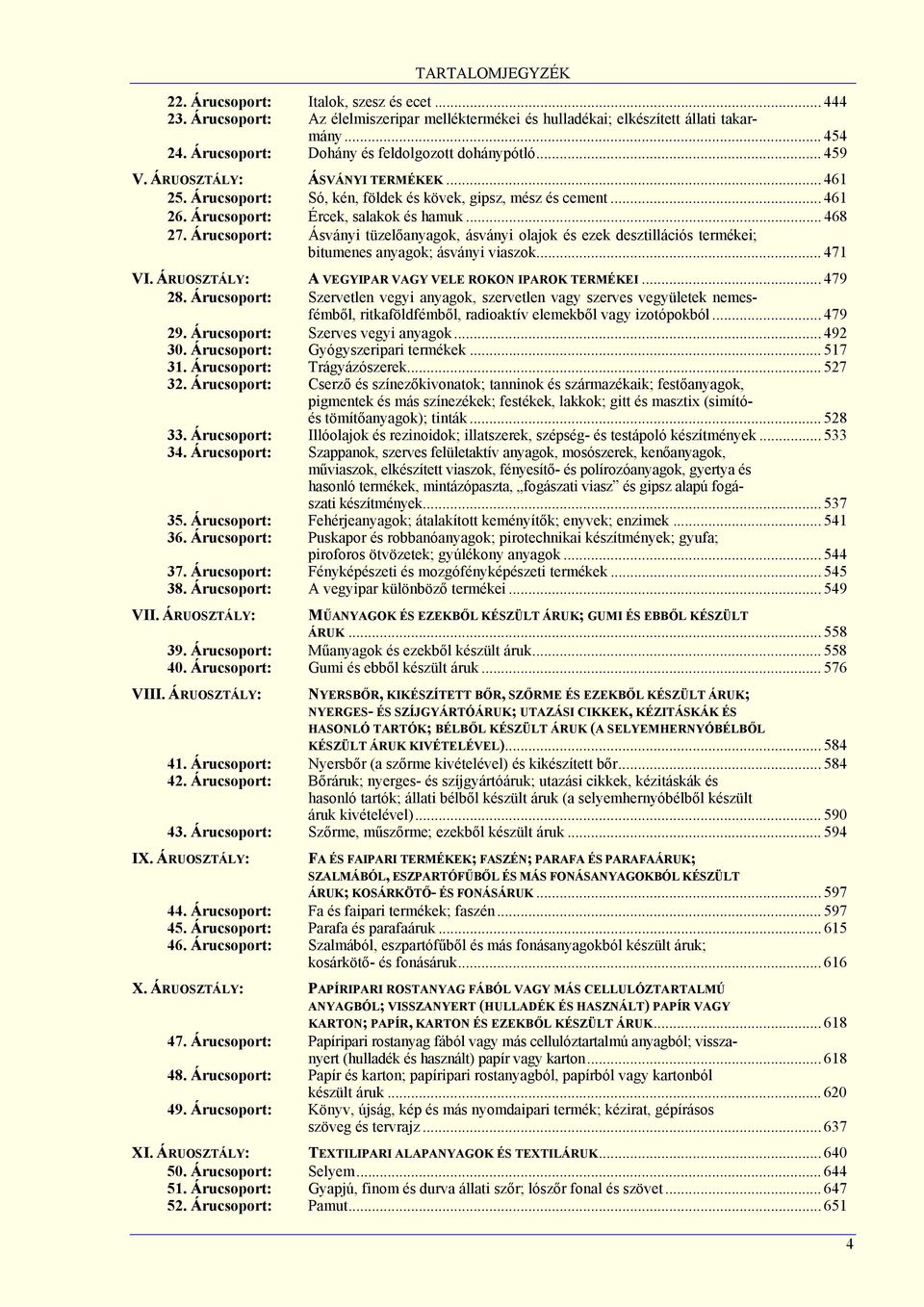 Árucsoport: Ásványi tüzelőanyagok, ásványi olajok és ezek desztillációs termékei; bitumenes anyagok; ásványi viaszok... 471 VI. ÁRUOSZTÁLY: A VEGYIPAR VAGY VELE ROKON IPAROK TERMÉKEI... 479 28.