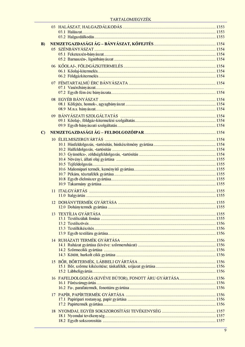 .. 1354 08 EGYÉB BÁNYÁSZAT... 1354 08.1 Kőfejtés, homok-, agyagbányászat... 1354 08.9 M.n.s. bányászat... 1354 09 BÁNYÁSZATI SZOLGÁLTATÁS... 1354 09.1 Kőolaj-, földgáz-kitermelési szolgáltatás.