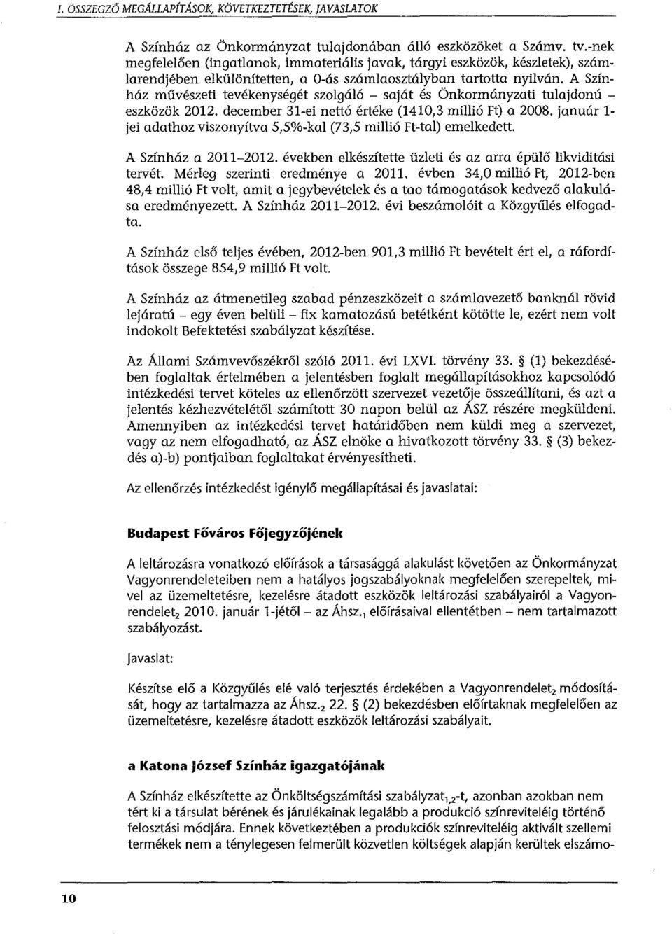 A Színház művészeti tevékenységét szolgáló - saját és Önkormányzati tulajdonú - eszközök 2012. december 31-ei nettó értéke (1410,3 millió Ft) a 2008.