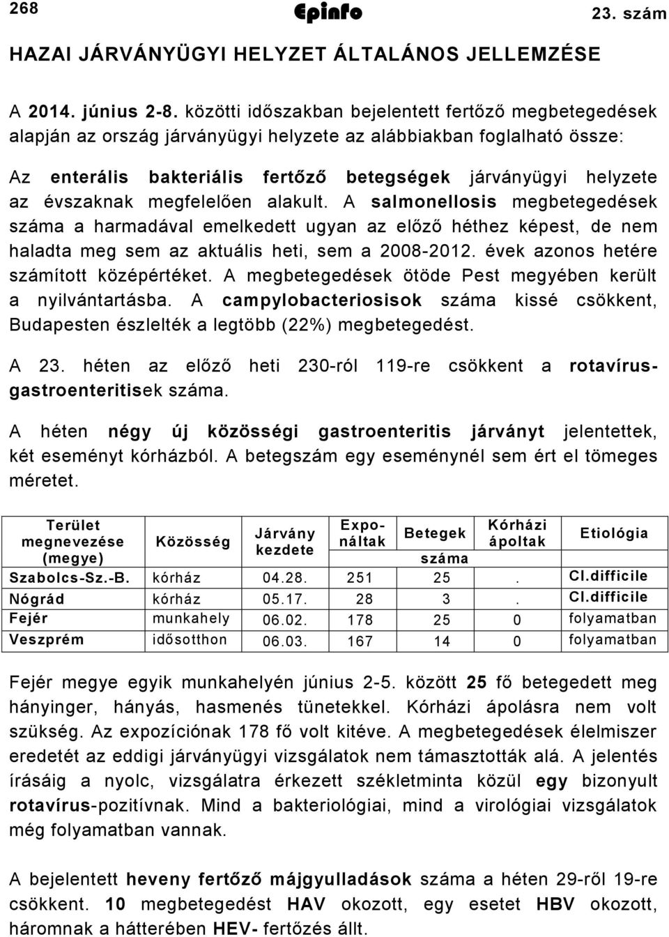 évszaknak megfelelően alakult. A salmonellosis megbetegedések száma a harmadával emelkedett ugyan az előző héthez képest, de nem haladta meg sem az aktuális heti, sem a 2008-2012.