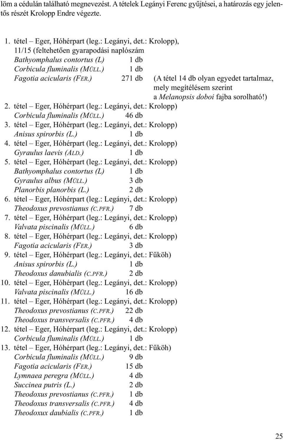 ) 271 db (A tétel 14 db olyan egyedet tartalmaz, mely megítélésem szerint a Melanopsis doboi fajba sorolható!) 2. tétel Eger, Hóhérpart (leg.: Legányi, det.: Krolopp) Corbicula fluminalis (MÜLL.