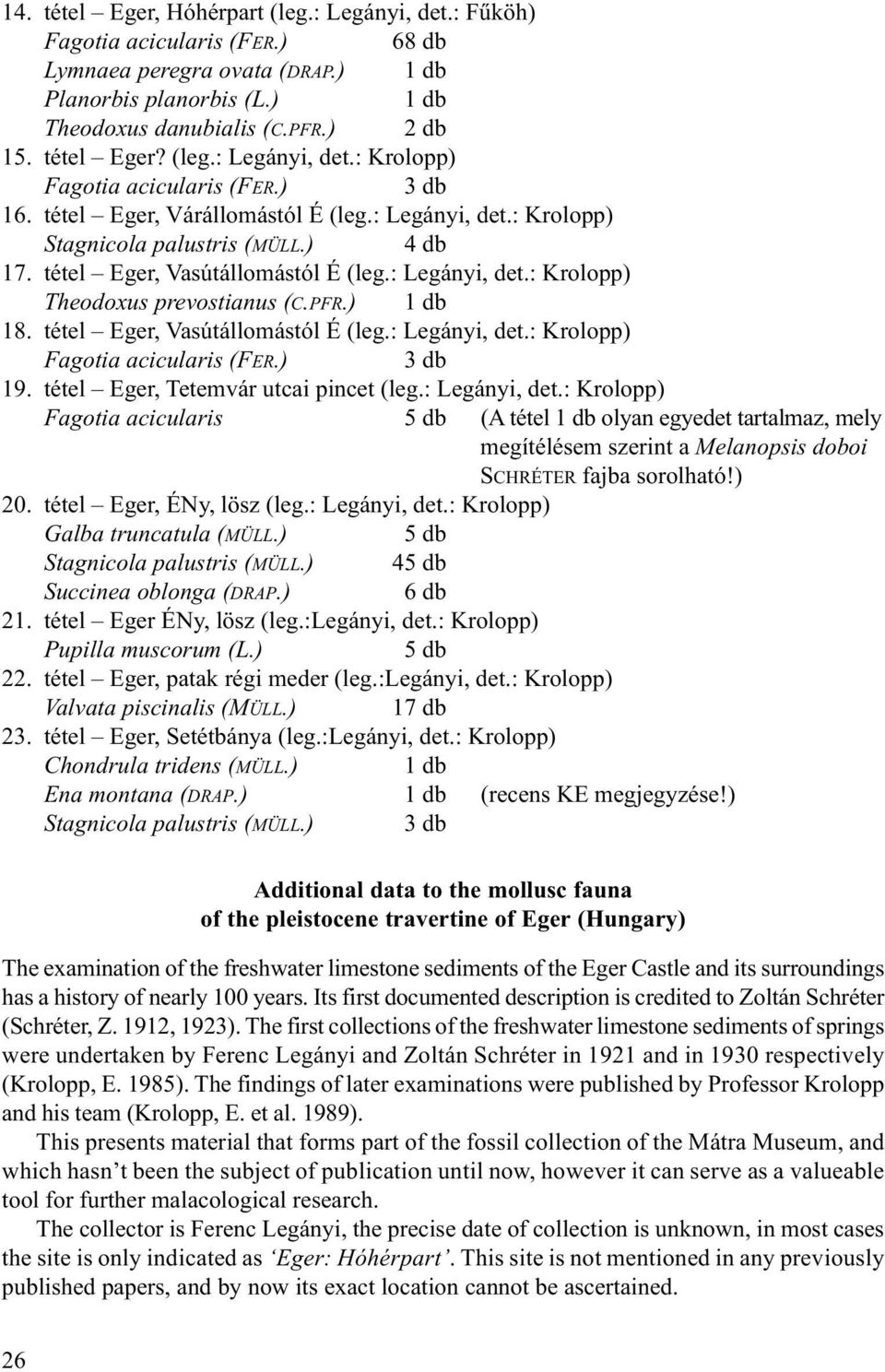 tétel Eger, Vasútállomástól É (leg.: Legányi, det.: Krolopp) Theodoxus prevostianus (C.PFR.) 1 db 18. tétel Eger, Vasútállomástól É (leg.: Legányi, det.: Krolopp) Fagotia acicularis (FER.) 3 db 19.