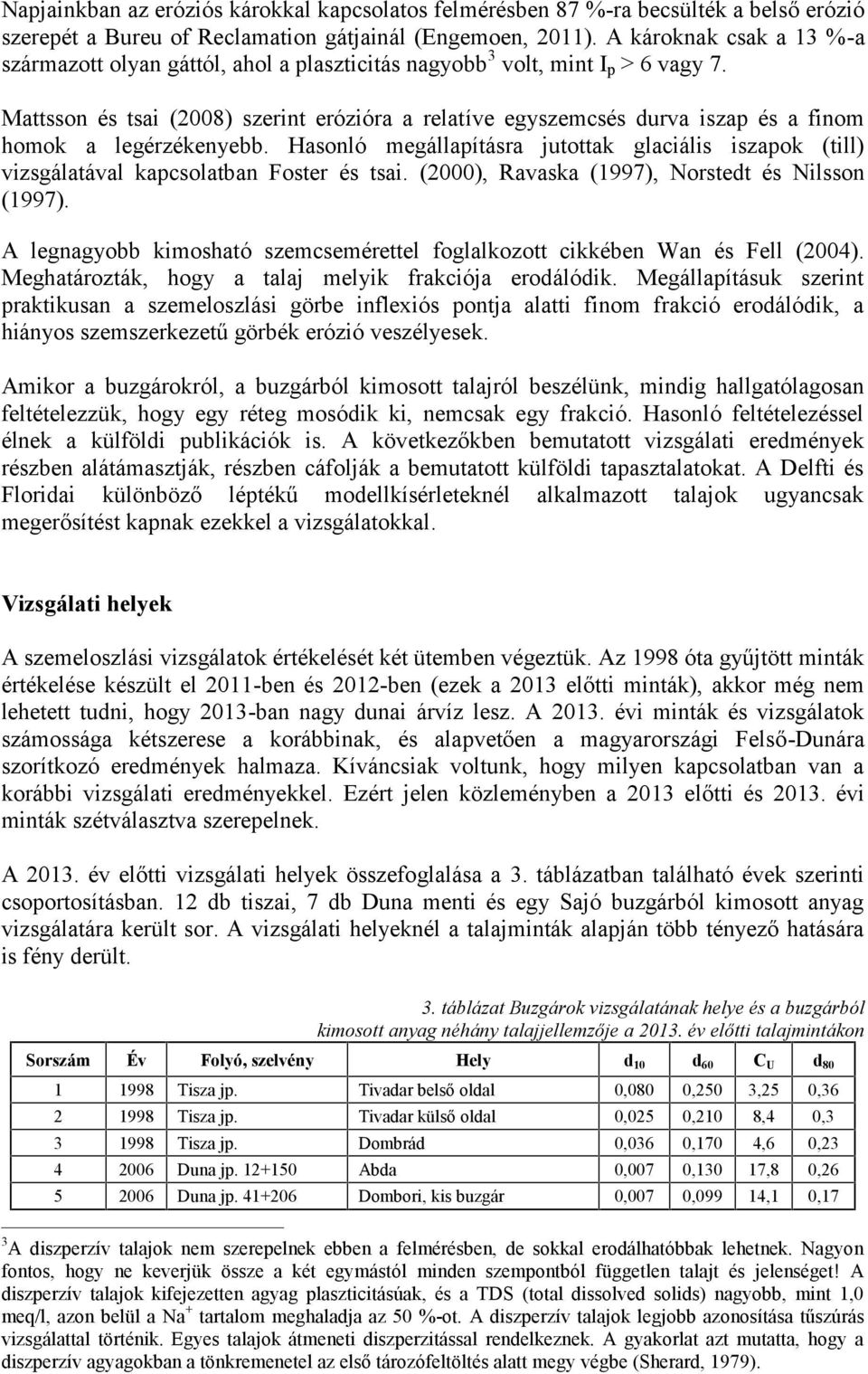 Mattsson és tsai (28) szerint erózióra a relat íve egyszemcsés durva iszap és a finom homok a legérzékenyebb.