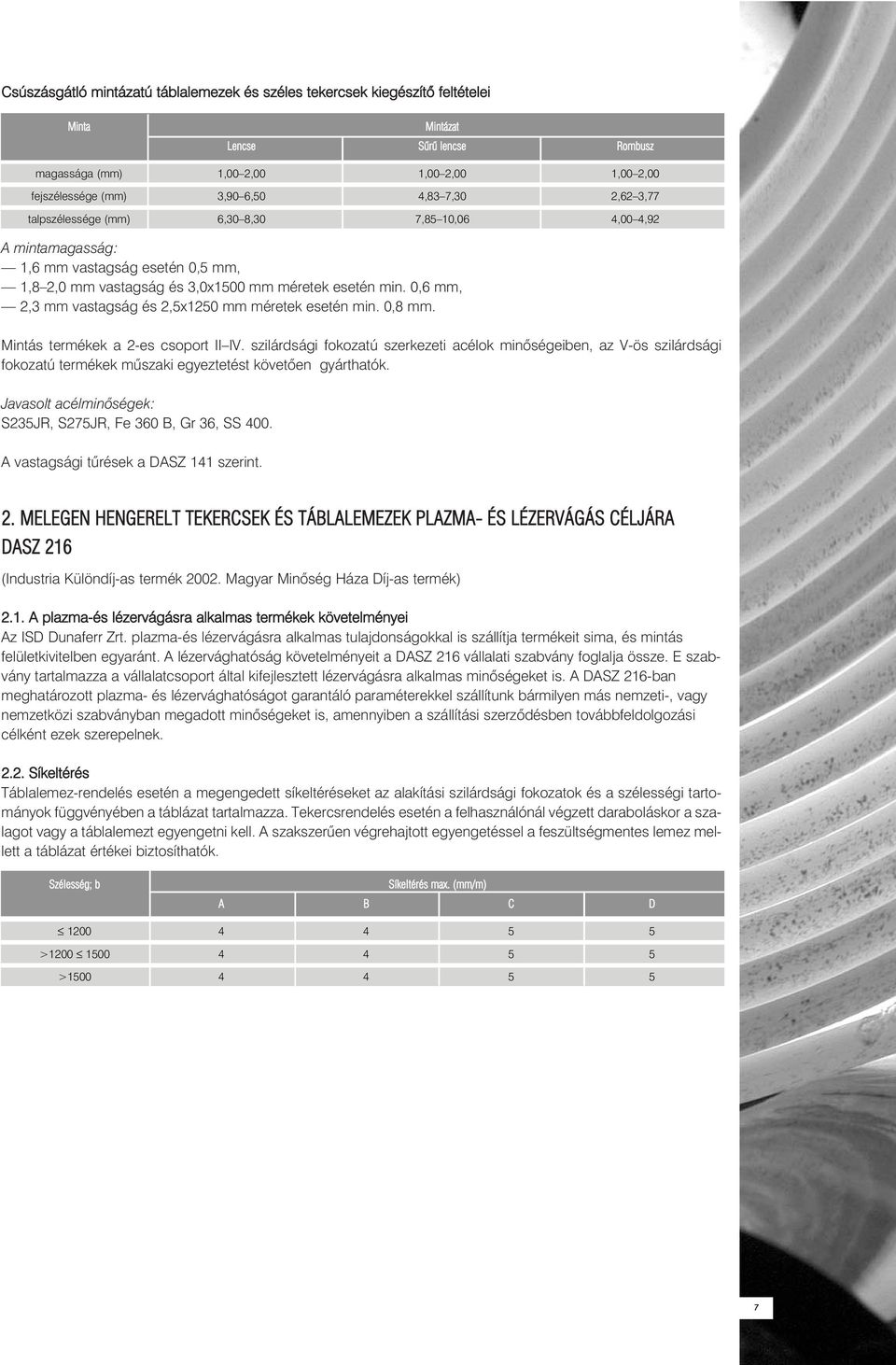 0,6 mm, 2,3 mm vastagság és 2,5x1250 mm méretek esetén min. 0,8 mm. Mintás termékek a 2-es csoport II IV.