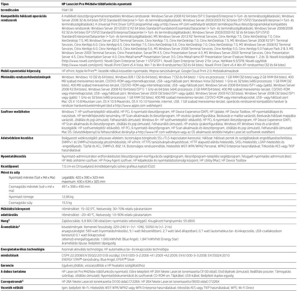 terminálszolgáltatások), Windows Server 2003/2003 R2 32 bites (SP1/SP2) Standard/Enterprise (+ fürt- és terminálszolgáltatások); A Universal Print Driver (UPD) programmal vagy a http://www.hp.