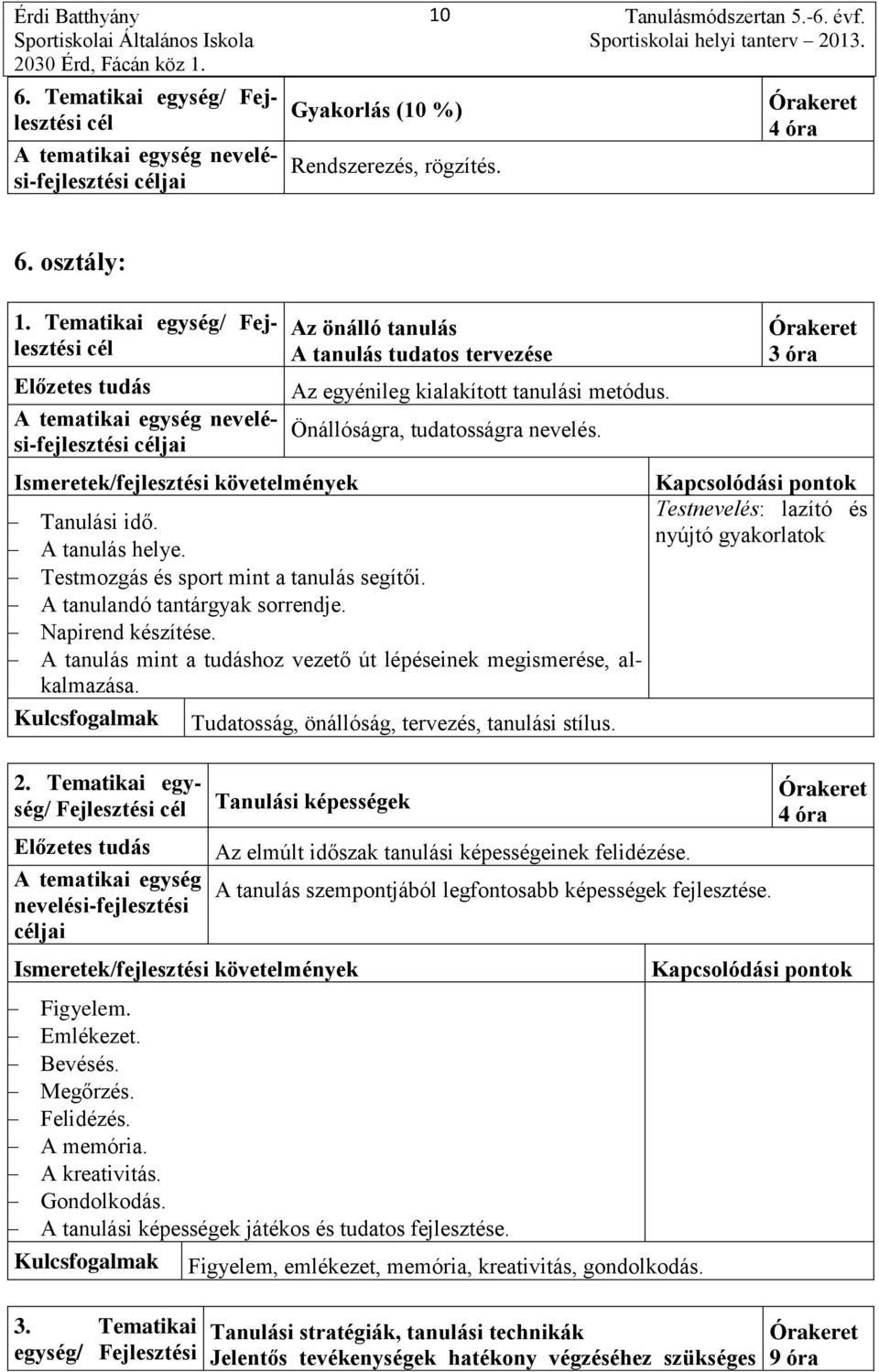 Testmozgás és sport mint a tanulás segítői. A tanulandó tantárgyak sorrendje. Napirend készítése. A tanulás mint a tudáshoz vezető út lépéseinek megismerése, alkalmazása. 2.