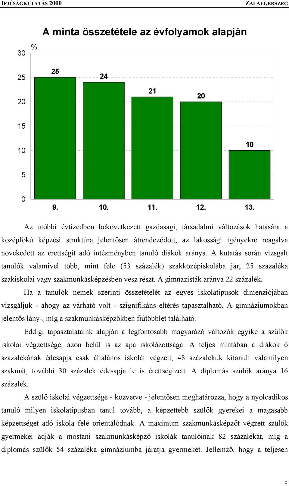 intézményben tanuló diákok aránya. A kutatás során vizsgált tanulók valamivel több, mint fele (53 százalék) szakközépiskolába jár, 25 százaléka szakiskolai vagy szakmunkásképzésben vesz részt.