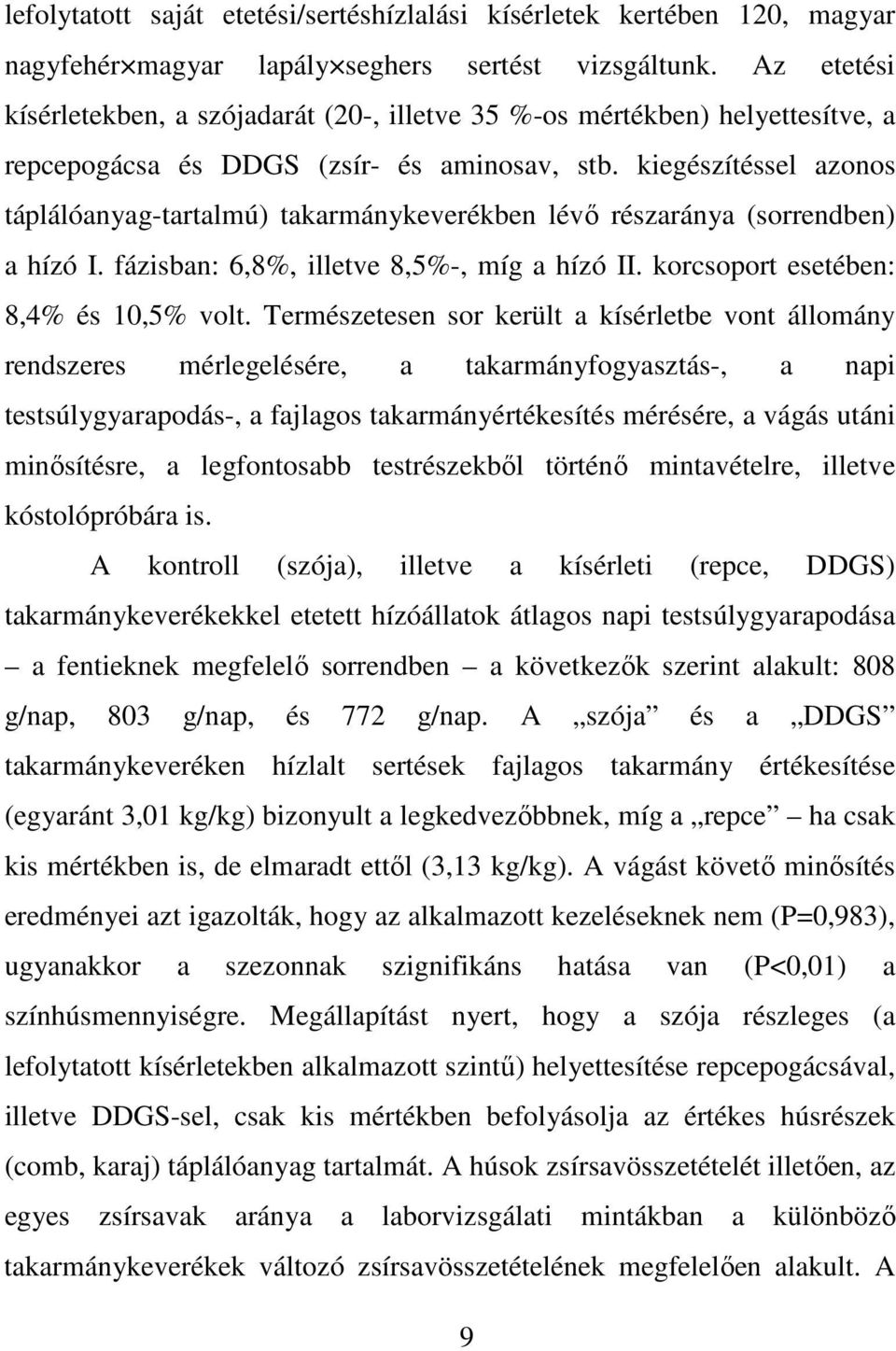 kiegészítéssel azonos táplálóanyag-tartalmú) takarmánykeverékben lévı részaránya (sorrendben) a hízó I. fázisban: 6,8%, illetve 8,5%-, míg a hízó II. korcsoport esetében: 8,4% és 10,5% volt.