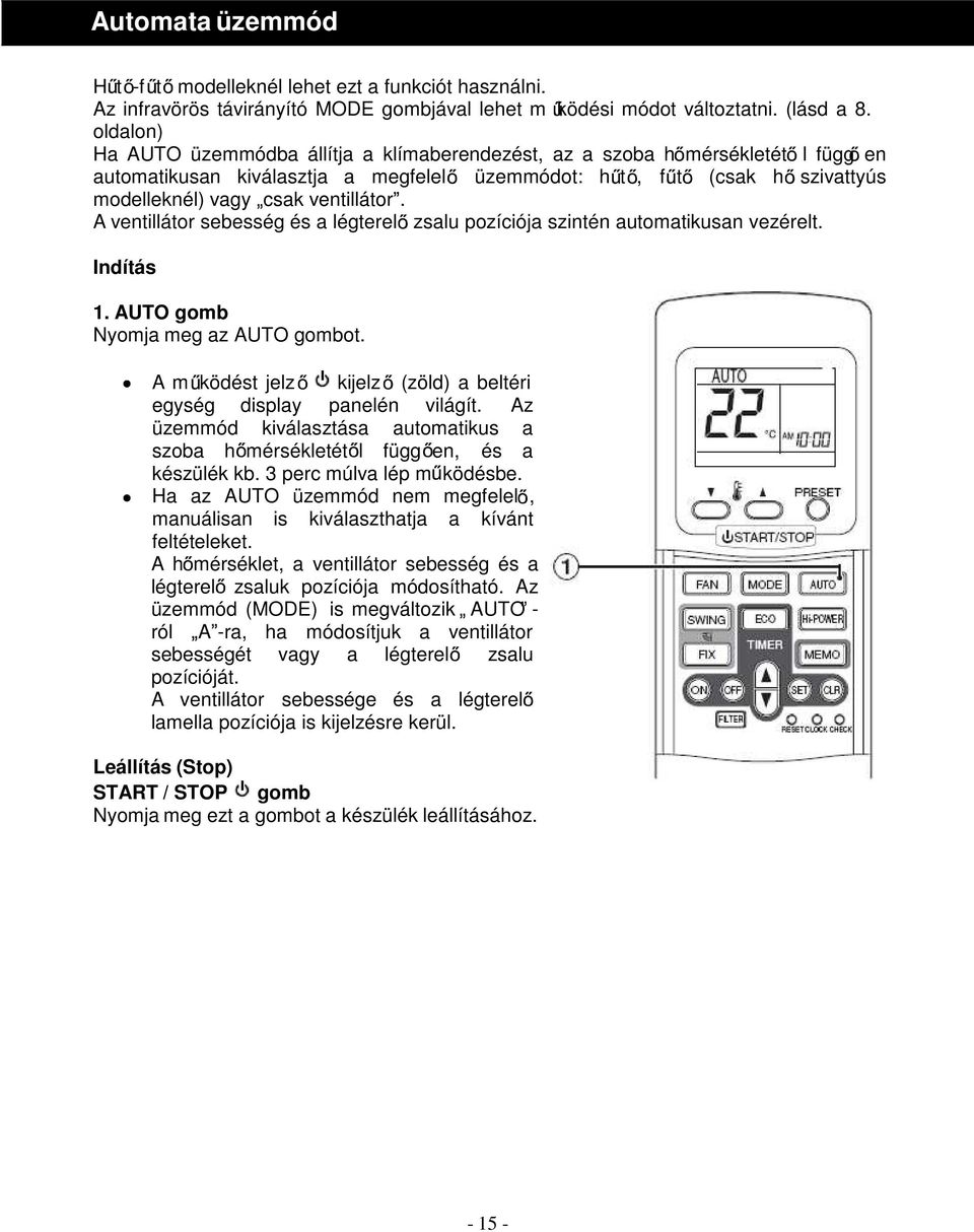 ventillátor. A ventillátor sebesség és a légterel zsalu pozíciója szintén automatikusan vezérelt. Indítás 1. AUTO gomb Nyomja meg az AUTO gombot.