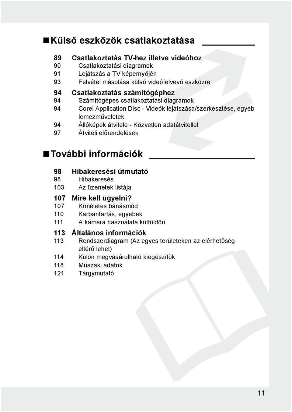 adatátvitellel 97 Átviteli előrendelések További információk 98 Hibakeresési útmutató 98 Hibakeresés 103 Az üzenetek listája 107 Mire kell ügyelni?