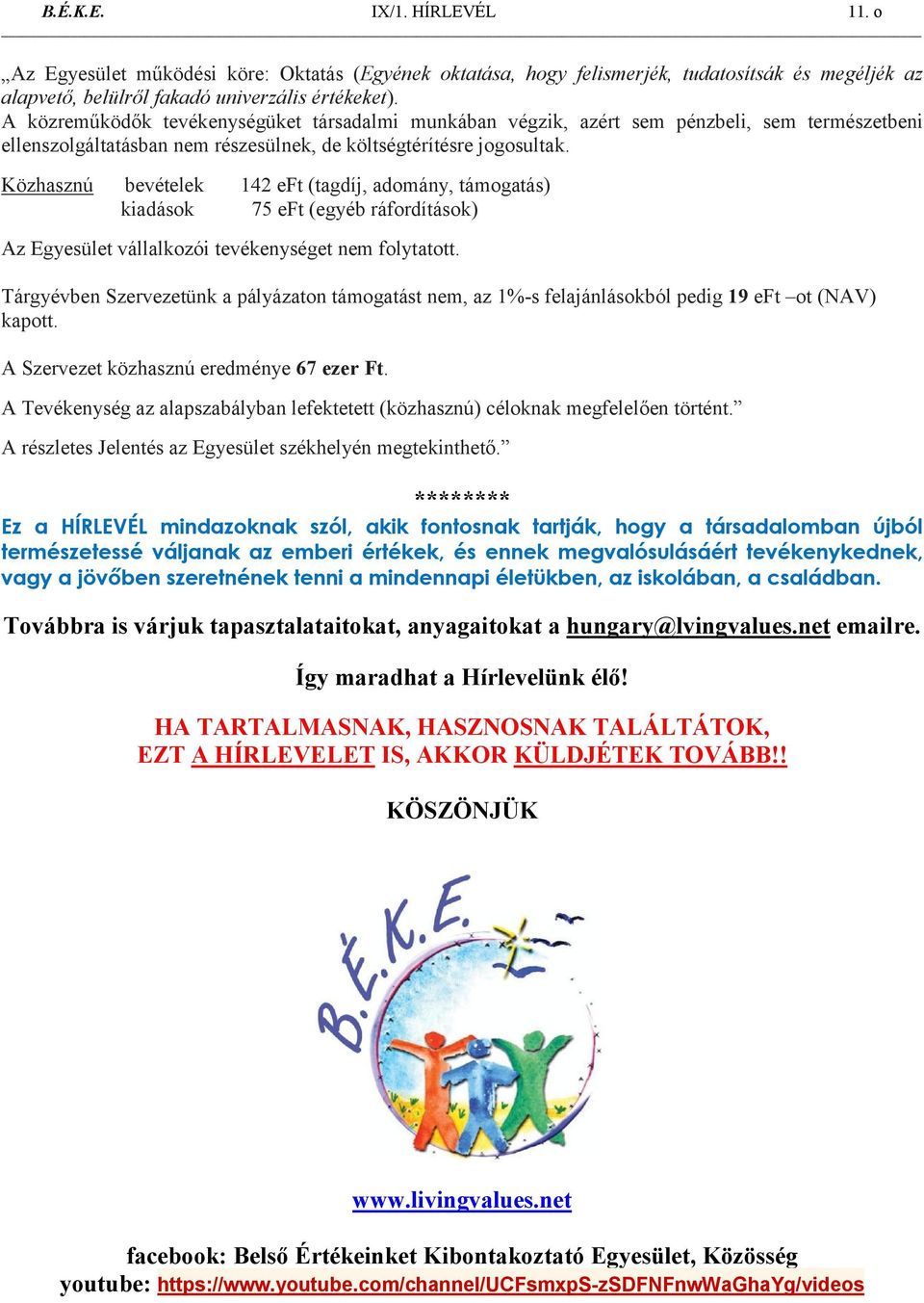 Közhasznú bevételek 142 eft (tagdíj, adomány, támogatás) kiadások 75 eft (egyéb ráfordítások) Az Egyesület vállalkozói tevékenységet nem folytatott.