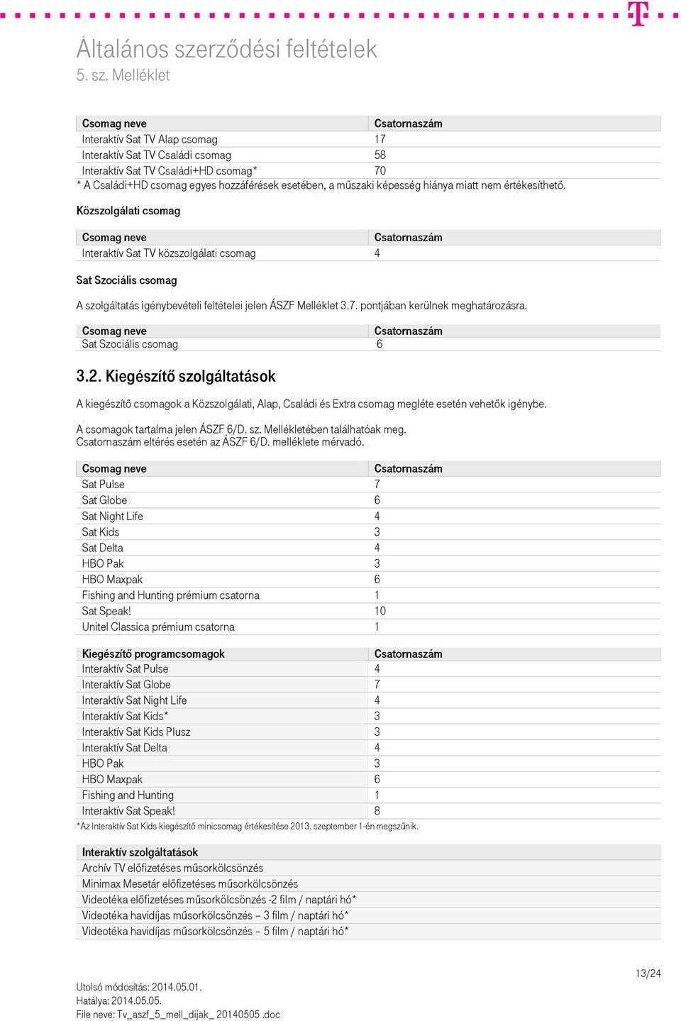 Sat Szociális csomag 6 3.2. Kiegészítő szolgáltatások A kiegészítő csomagok a Közszolgálati, Alap, Családi és Extra csomag megléte esetén vehetők igénybe. A csomagok tartalma jelen ÁSZF 6/D. sz. Mellékletében találhatóak meg.