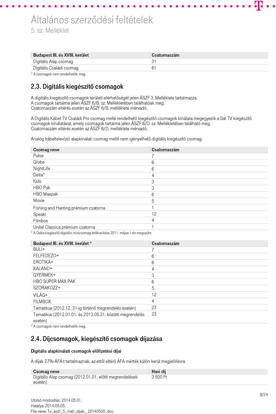 A Digitális Kábel TV Családi Pro csomag mellé rendelhető kiegészítő csomagok kínálata megegyezik a Sat TV kiegészítő csomagok kínálatával, amely csomagok tartalma jelen ÁSZF 6/D. sz.