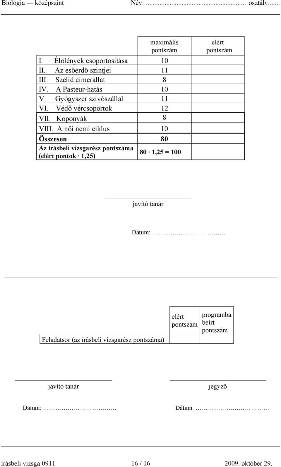 A női nemi ciklus 10 Összesen 80 Az írásbeli vizsgarész pontszáma (elért pontok 1,25) 80 1,25 = 100 elért pontszám javító