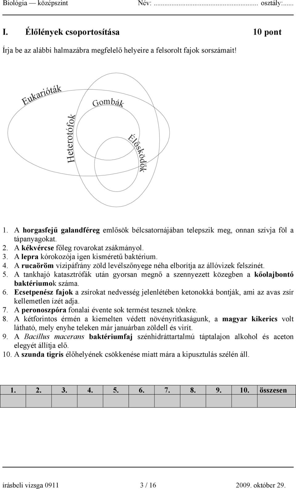 A rucaöröm vízipáfrány zöld levélszőnyege néha elborítja az állóvizek felszínét. 5. A tankhajó katasztrófák után gyorsan megnő a szennyezett közegben a kőolajbontó baktériumok száma. 6.