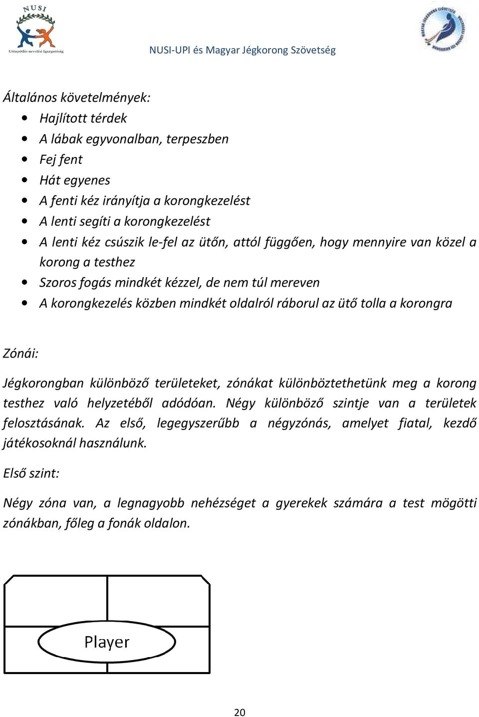 korongra Zónái: Jégkorongban különböző területeket, zónákat különböztethetünk meg a korong testhez való helyzetéből adódóan. Négy különböző szintje van a területek felosztásának.