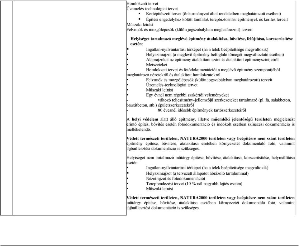 Ingatlan-nyilvántartási térképet (ha a telek beépítettsége megváltozik) Helyszínrajzot (a meglévő építmény befoglaló tömegét megváltoztató ) Alaprajzokat az építmény átalakítani szánt és átalakított