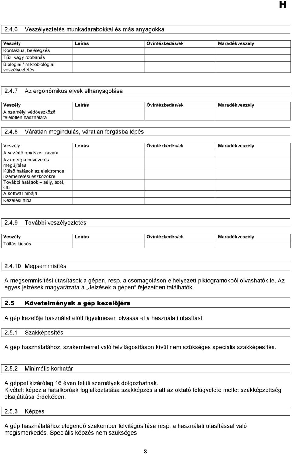 A softwar hibája Kezelési hiba 2.4.9 További veszélyeztetés Töltés kiesés 2.4.10 Megsemmisítés A megsemmisítési utasítások a gépen, resp. a csomagoláson elhelyezett piktogramokból olvashatók le.