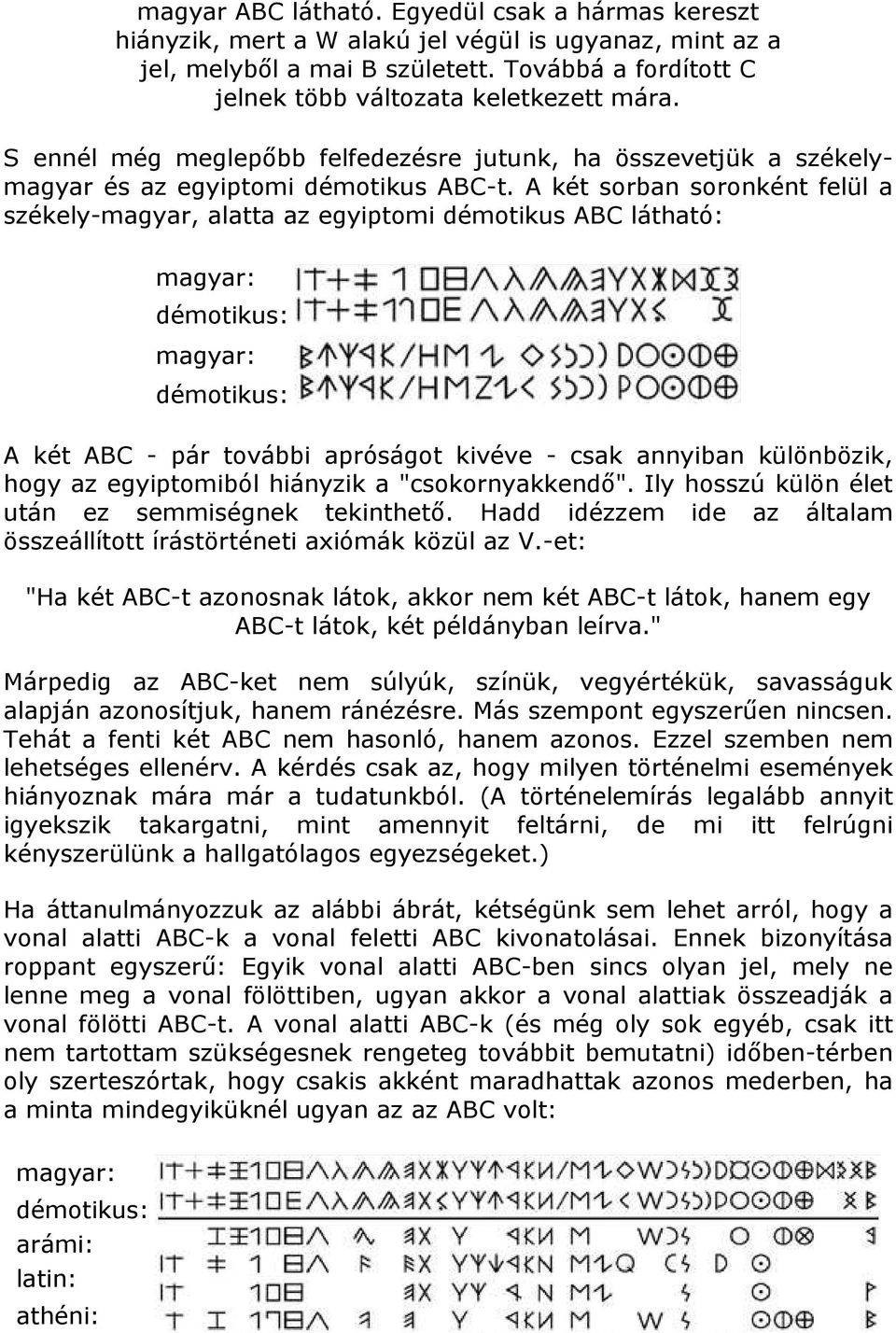 A két sorban soronként felül a székely-magyar, alatta az egyiptomi démotikus ABC látható: magyar: démotikus: magyar: démotikus: A két ABC - pár további apróságot kivéve - csak annyiban különbözik,