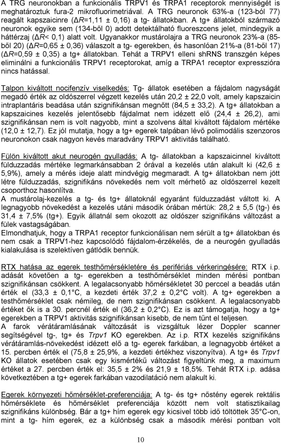 A tg+ állatokból származó neuronok egyike sem (134-ből 0) adott detektálható fluoreszcens jelet, mindegyik a háttérzaj (ΔR< 0,1) alatt volt.