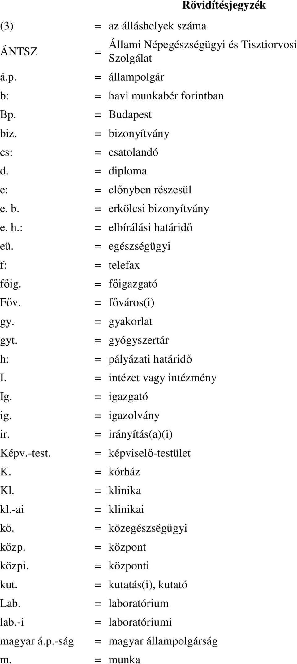 = fıigazgató = fıváros(i) = gyakorlat = gyógyszertár h: = pályázati határidı I. = intézet vagy intézmény Ig. ig. ir. Képv.-test. = igazgató = igazolvány = irányítás(a)(i) K. = kórház Kl. kl.