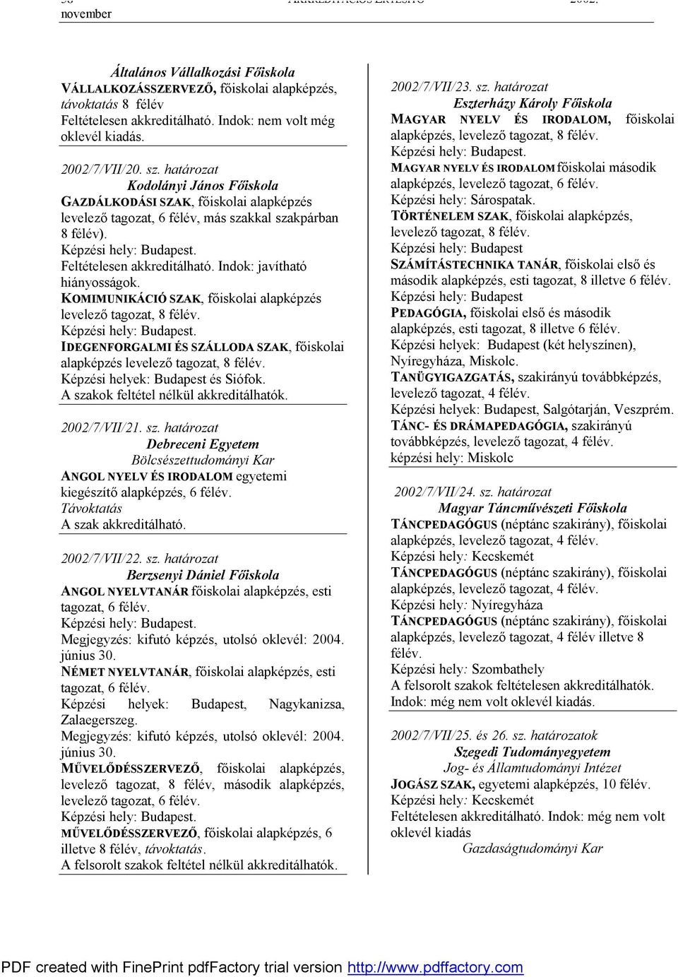 Feltételesen akkreditálható. Indok: javítható hiányosságok. KOMIMUNIKÁCIÓ SZAK, főiskolai alapképzés levelező tagozat, 8 félév. Képzési hely: Budapest.