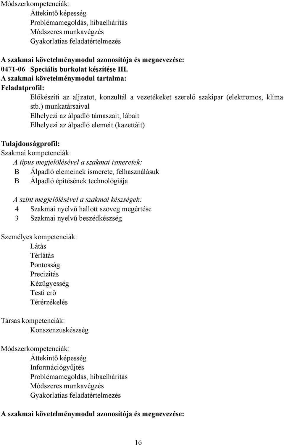 ) munkatársaival Elhelyezi az álpadló támaszait, lábait Elhelyezi az álpadló elemeit (kazettáit) Tulajdonságprofil: Szakmai kompetenciák: A típus megjelölésével a szakmai ismeretek: Álpadló elemeinek