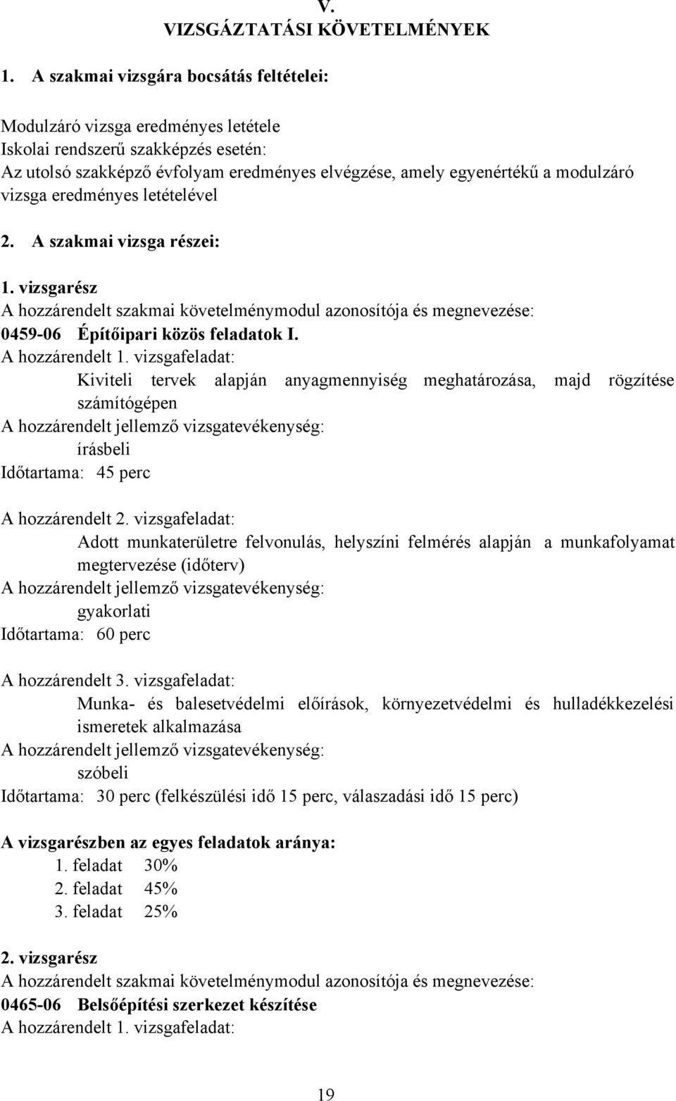 vizsga eredményes letételével 2. A szakmai vizsga részei: 1. vizsgarész A hozzárendelt szakmai követelménymodul azonosítója és megnevezése: 0459-06 Építőipari közös feladatok I. A hozzárendelt 1.