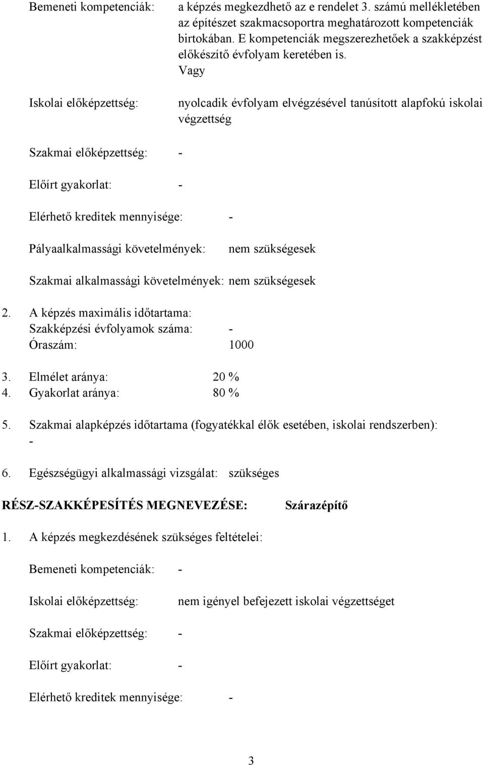 Vagy nyolcadik évfolyam elvégzésével tanúsított alapfokú iskolai végzettség - - Elérhető kreditek mennyisége: - Pályaalkalmassági követelmények: nem szükségesek Szakmai alkalmassági követelmények: