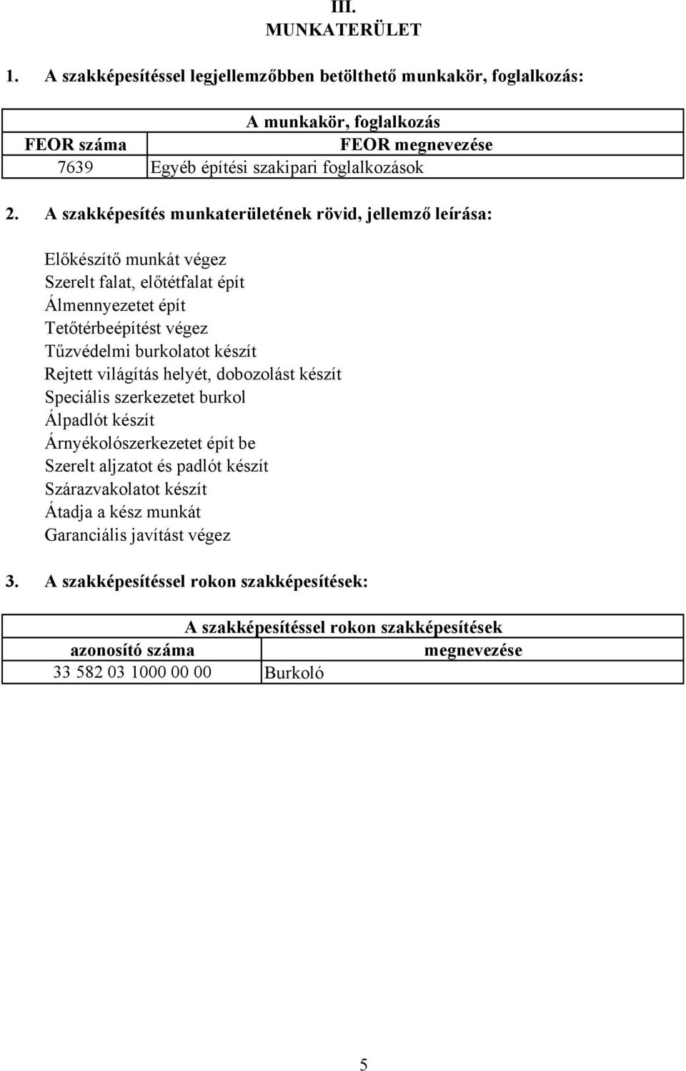 A szakképesítés munkaterületének rövid, jellemző leírása: Előkészítő munkát végez Szerelt falat, előtétfalat épít Álmennyezetet épít Tetőtérbeépítést végez Tűzvédelmi burkolatot készít