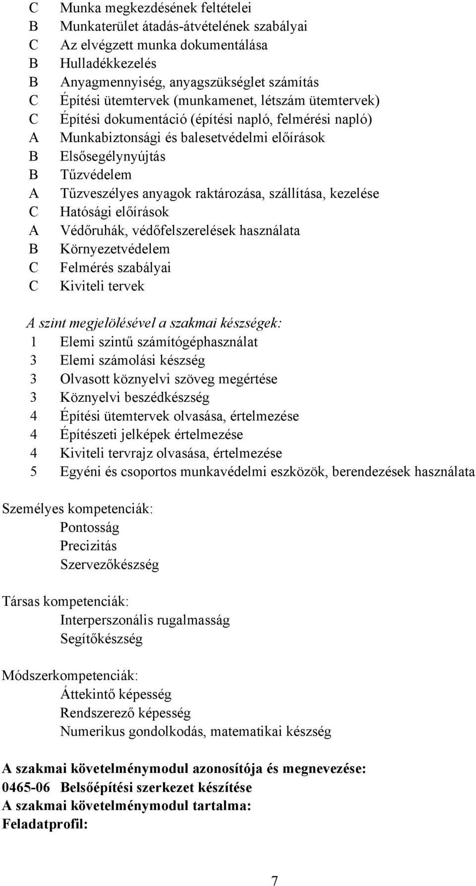 raktározása, szállítása, kezelése Hatósági előírások Védőruhák, védőfelszerelések használata Környezetvédelem Felmérés szabályai Kiviteli tervek A szint megjelölésével a szakmai készségek: 1 Elemi