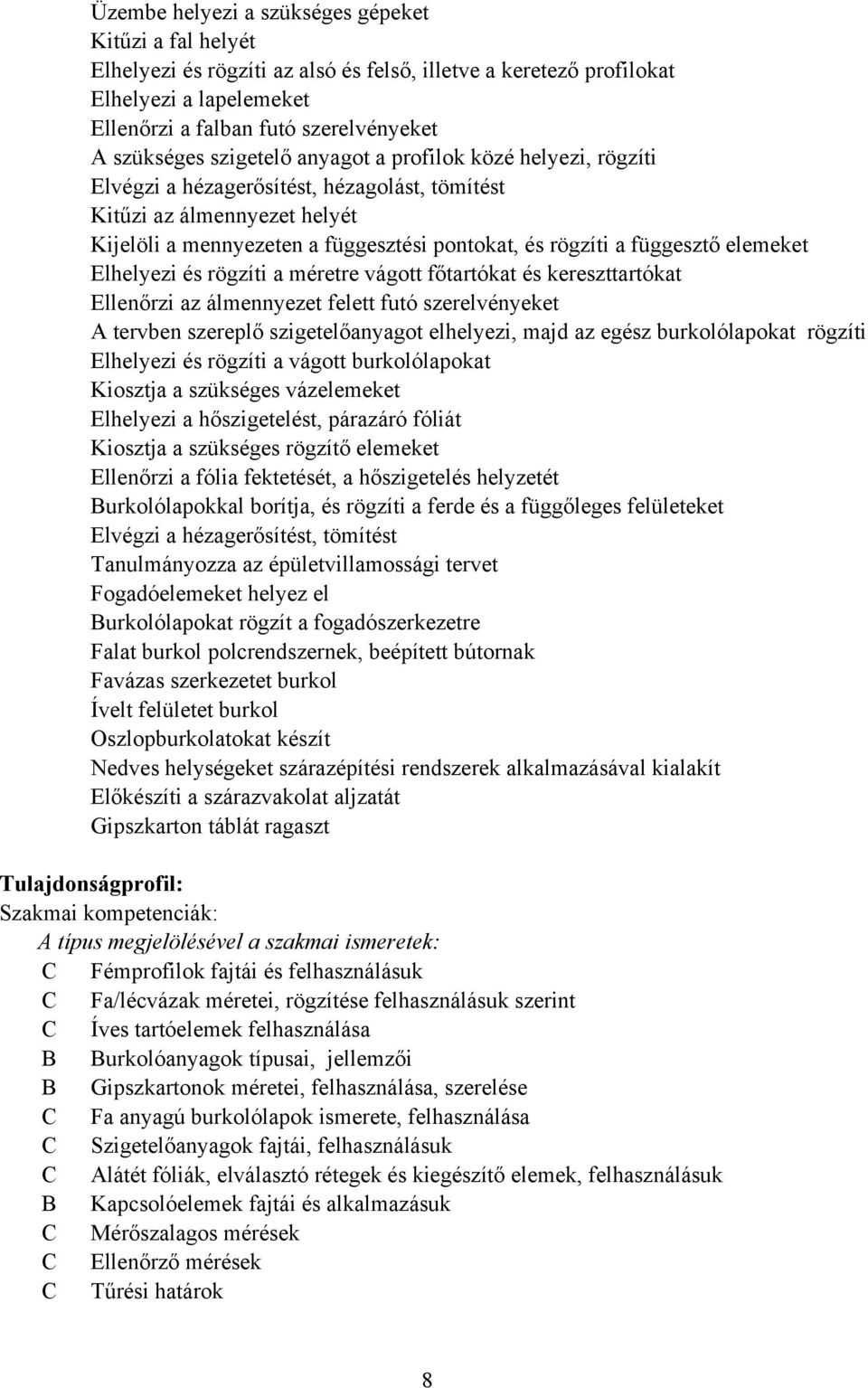 elemeket Elhelyezi és rögzíti a méretre vágott főtartókat és kereszttartókat Ellenőrzi az álmennyezet felett futó szerelvényeket A tervben szereplő szigetelőanyagot elhelyezi, majd az egész