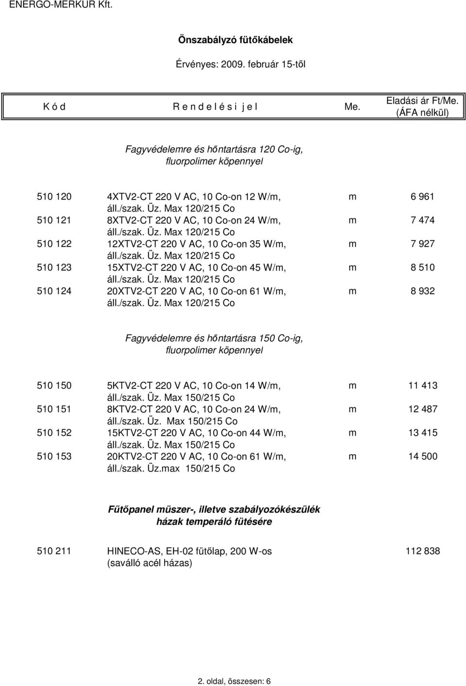 Co-on 14 W/m, m 11 413 áll./szak. Üz. Max 150/215 Co 510 151 8KTV2-CT 220 V AC, 10 Co-on 24 W/m, m 12 487 áll./szak. Üz. Max 150/215 Co 510 152 15KTV2-CT 220 V AC, 10 Co-on 44 W/m, m 13 415 áll./szak. Üz. Max 150/215 Co 510 153 20KTV2-CT 220 V AC, 10 Co-on 61 W/m, m 14 500 áll.