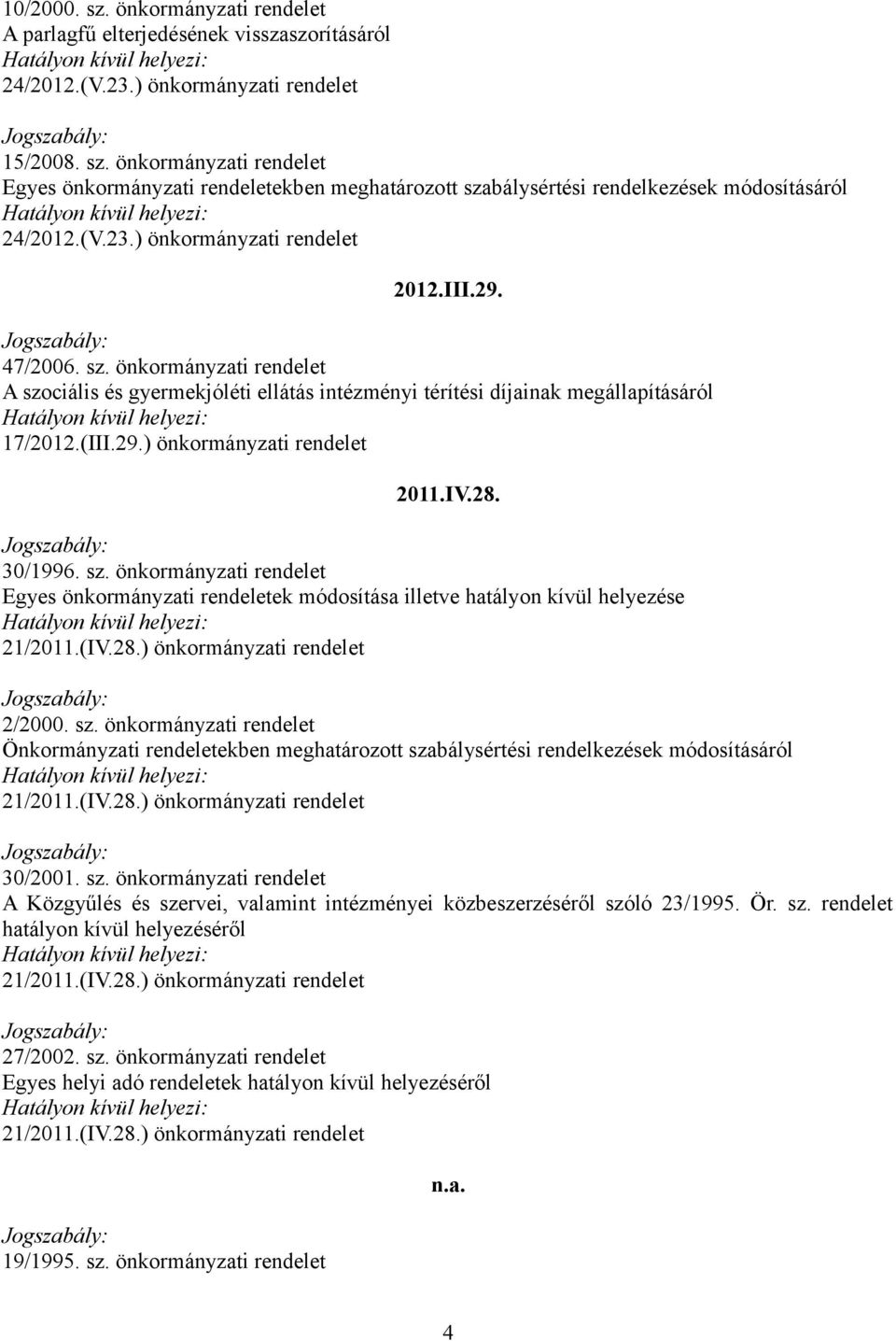 IV.28. 30/1996. sz. önkormányzati rendelet Egyes önkormányzati rendeletek módosítása illetve hatályon kívül helyezése 2/2000. sz. önkormányzati rendelet Önkormányzati rendeletekben meghatározott szabálysértési rendelkezések módosításáról 30/2001.