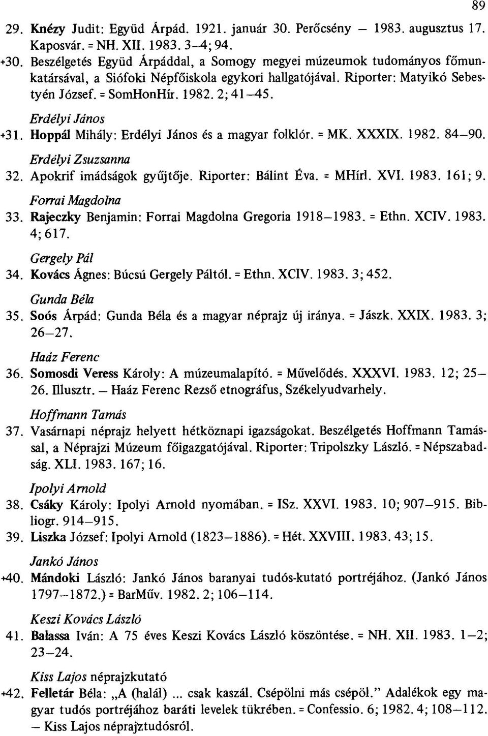 Erdélyi János +31. Hoppál Mihály: Erdélyi János és a magyar folklór. = MK. XXXIX. 1982. 84-90. Erdélyi Zsuzsanna 32. Apokrif imádságok gyűjtője. Riporter: Bálint Éva. = MHírl. XVI. 1983. 161; 9.