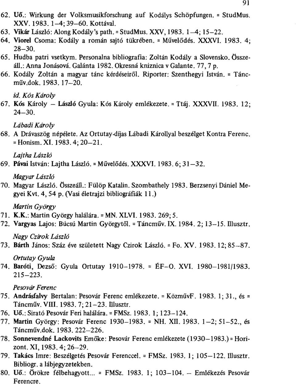 Okresná kniznica v Galante. 77,7 p. 66. Kodály Zoltán a magyar tánc kérdéseiről. Riporter: Szenthegyi István. = Táncműv.dok. 1983. 17-20. id. Kós Károly 67.