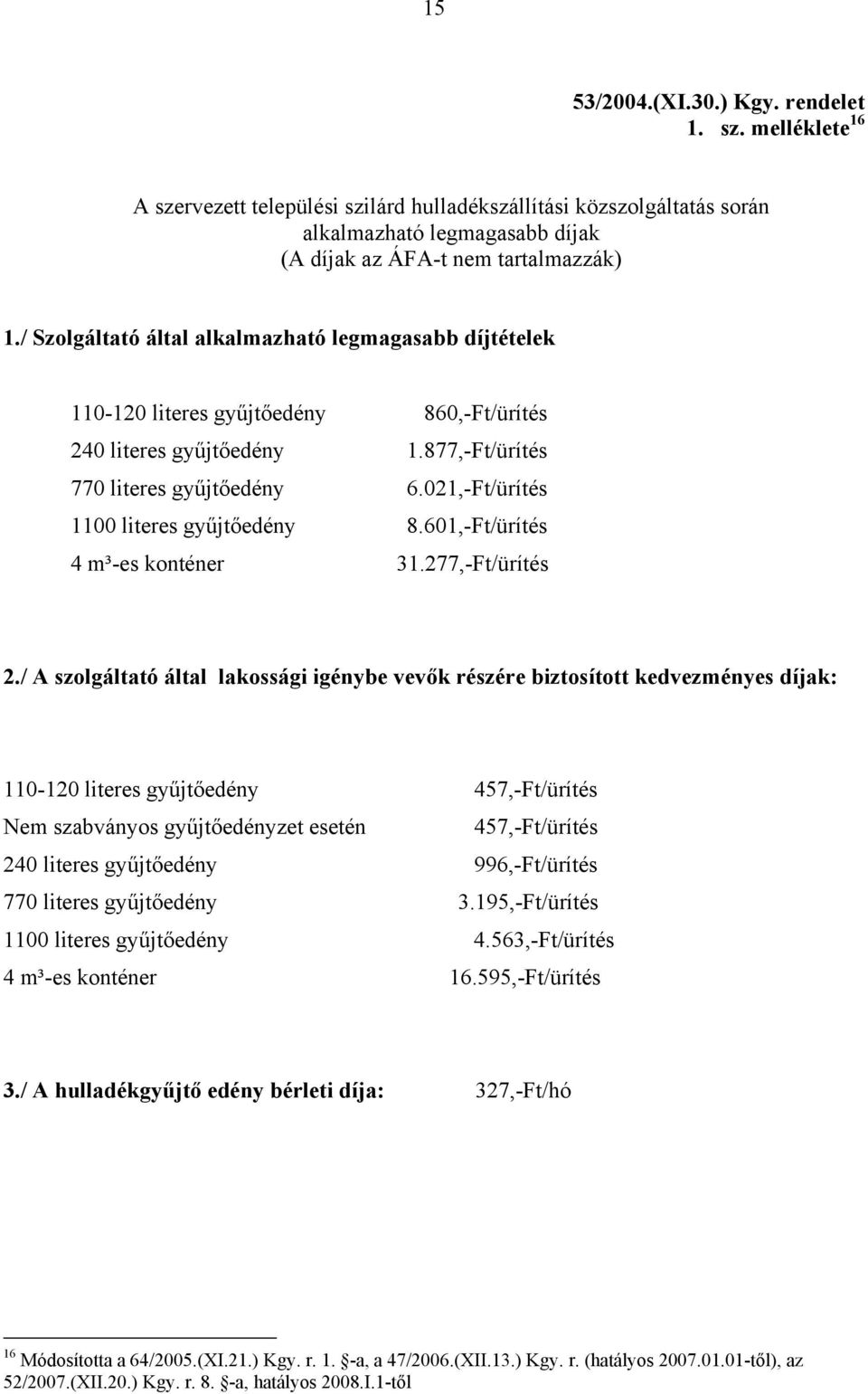 021,-Ft/ürítés 1100 literes gyűjtőedény 8.601,-Ft/ürítés 4 m³-es konténer 31.277,-Ft/ürítés 2.