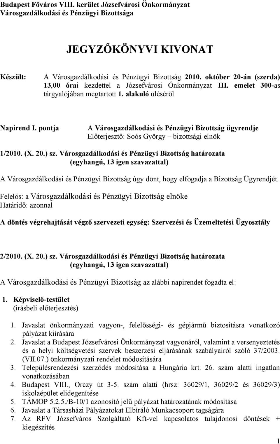 pontja A Városgazdálkodási és Pénzügyi Bizottság ügyrendje Előterjesztő: Soós György bizottsági elnök 1/2010. (X. 20.) sz.