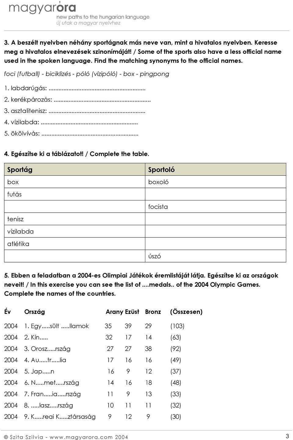 labdarúgás:... 2. kerékpározás:... 3. asztalitenisz:... 4. vízilabda:... 5. ökölvívás:... 4. Egészítse ki a táblázatot! / Complete the table.
