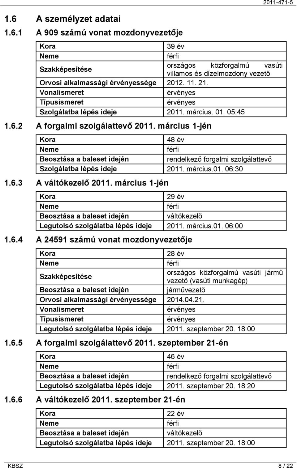 március 1-jén Kora 48 év Neme férfi Beosztása a baleset idején rendelkező forgalmi szolgálattevő Szolgálatba lépés ideje 2011. március.01. 06:30 1.6.3 A váltókezelő 2011.