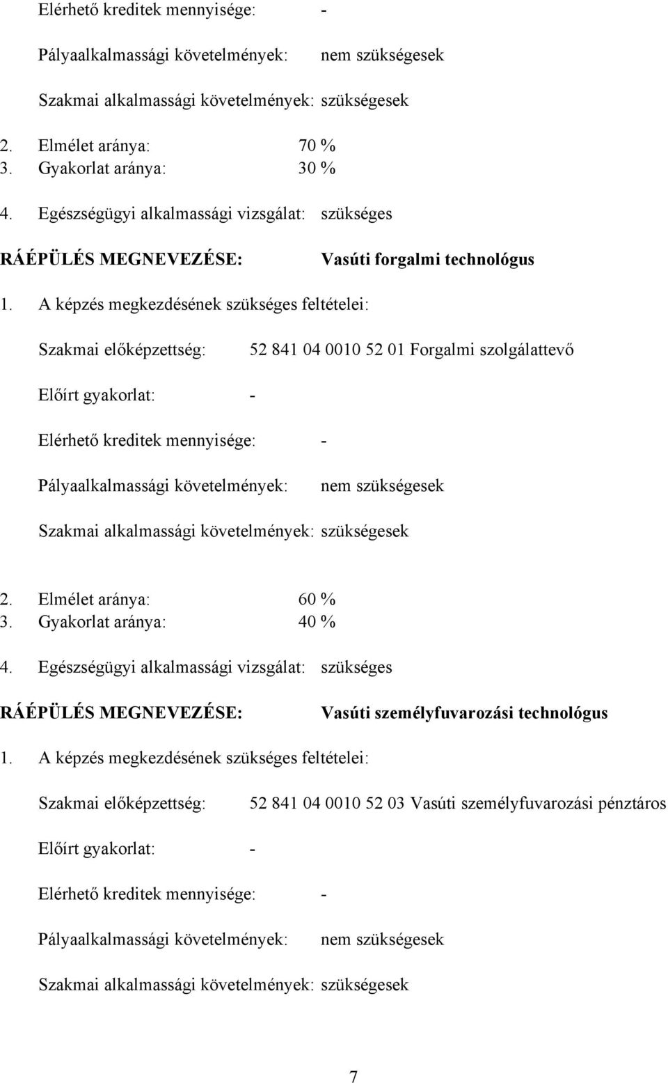 A képzés megkezdésének szükséges feltételei: Szakmai előképzettség: Előírt gyakorlat: 52 841 04 0010 52 01 Forgalmi szolgálattevő Elérhető kreditek mennyisége: Pályaalkalmassági követelmények: nem